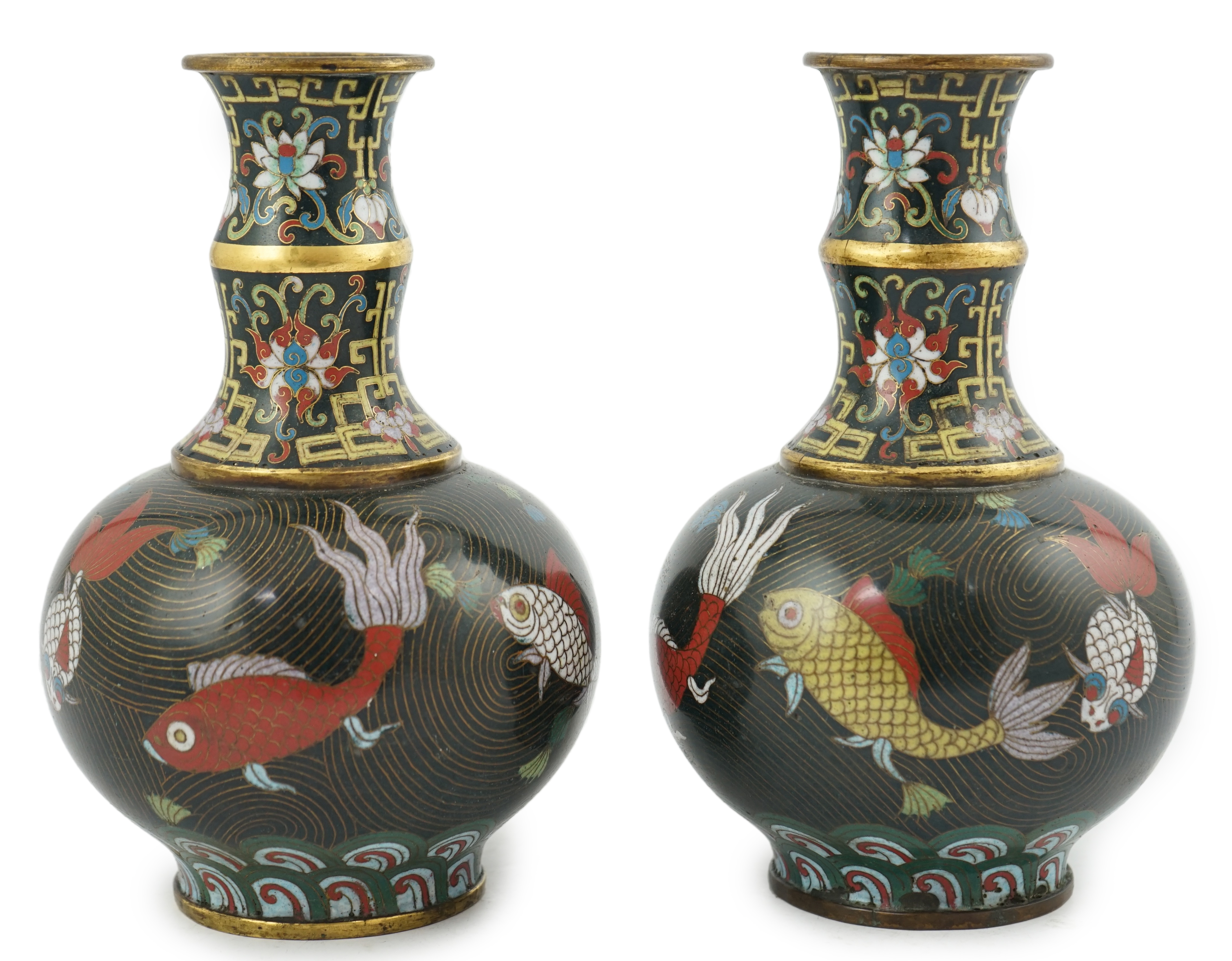 A pair of Chinese cloisonné enamel ‘goldfish’ vases, probably Jiaqing period (1796-1820)